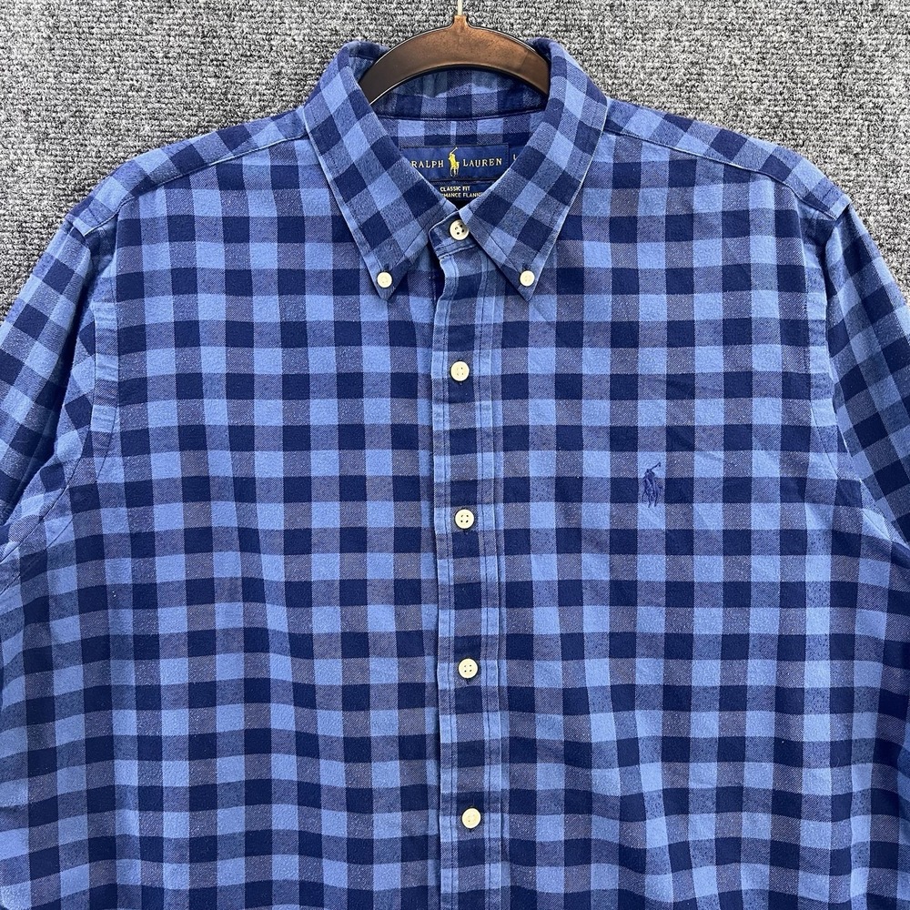 Polo Ralph Lauren Flannel Shirt Mens Sz L Blue Gingham Check Classic Lightweight